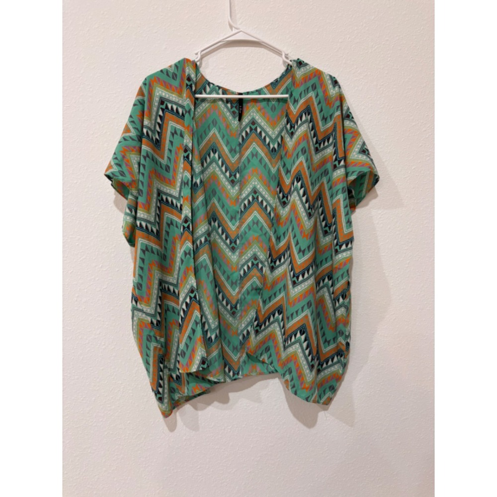 b Sharp Green Teal Boho Aztec Chevron Open Front Kimono Cardigan Cover Up OS